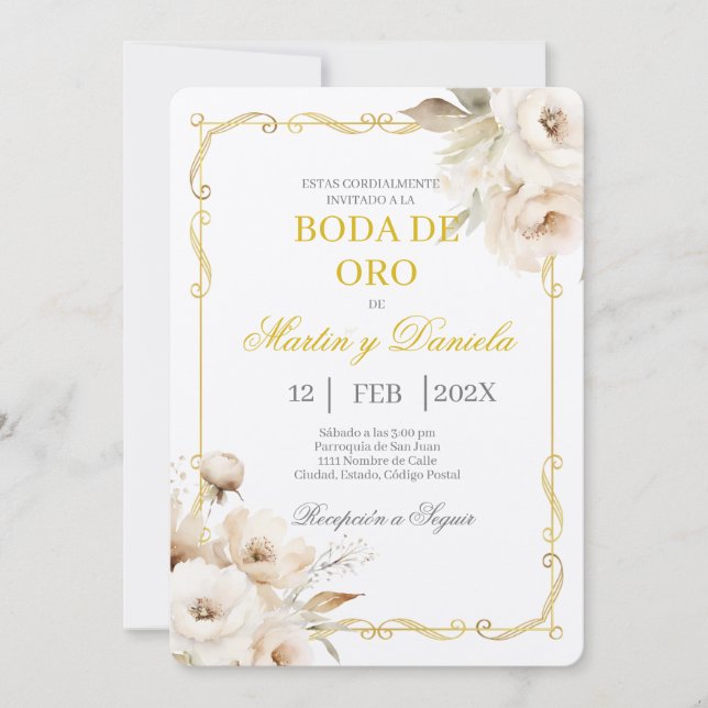 Invitación Boda de oro con flor blanca (Anverso)