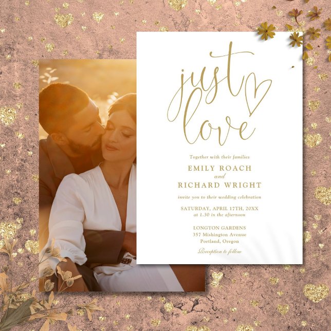 Invitación Boda de oro con guión elegante (Just Love Elegant Script Photo Gold Wedding Invitation)
