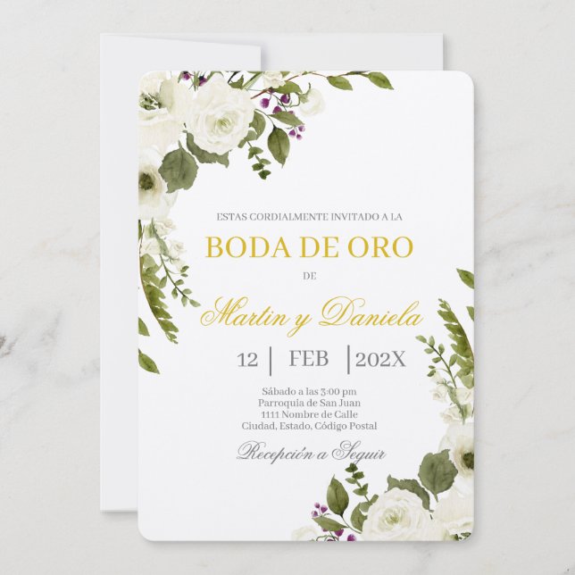 Invitación Boda de Oro con Ramo de flor blanca (Anverso)
