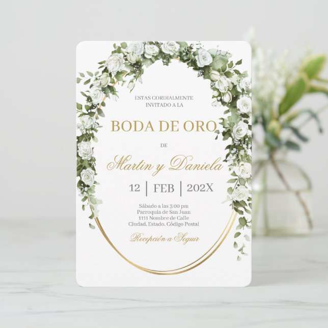 Invitación Boda de oro con ramo de flores blancas (Anverso de pie)