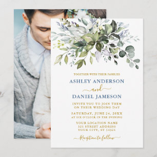 Invitación Boda de oro de acuarela verde azul turbio foto azu