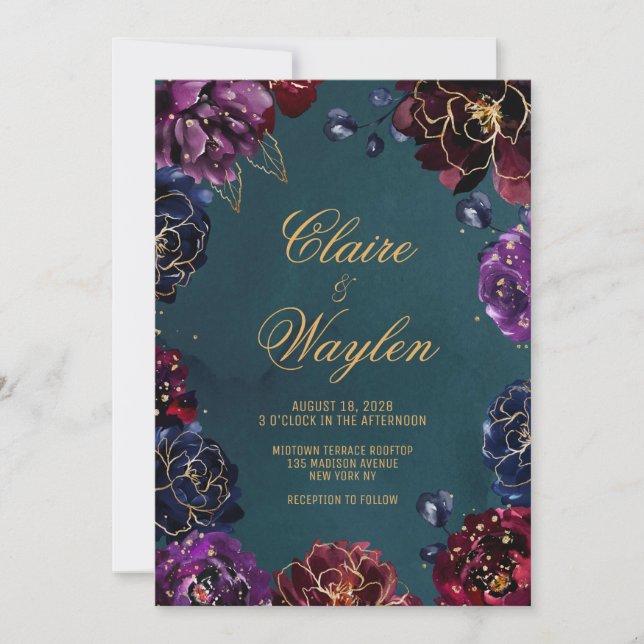 Invitación Boda de oro de burdeos verde azulados Amethyst Jew (Anverso)