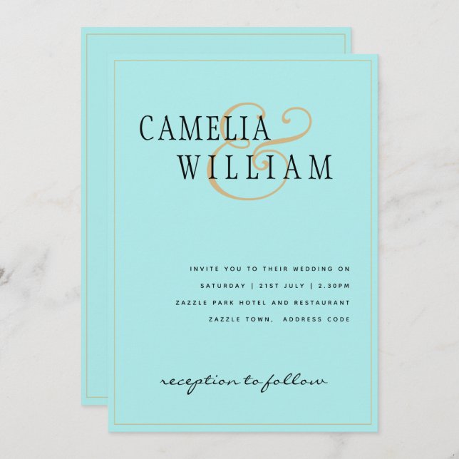 Invitación Boda de oro de clase alta turquesa pálida (Anverso / Reverso)