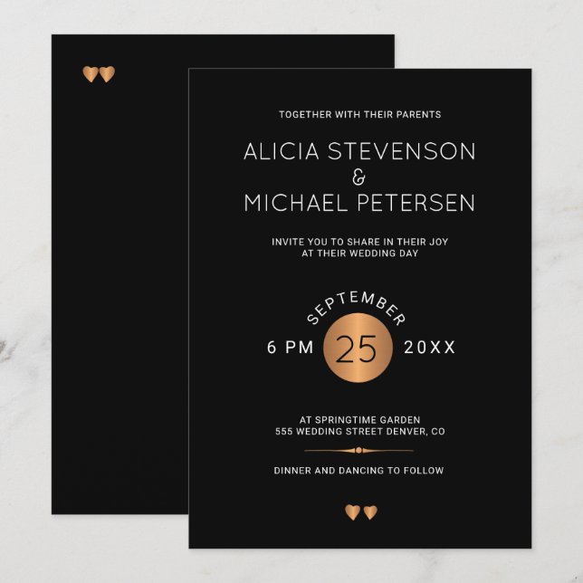 Invitación Boda de oro de cobre metálico negro y elegante (Anverso / Reverso)
