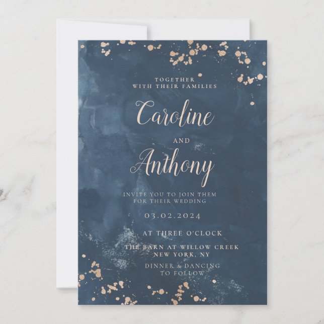 Invitación Boda de oro de color azul índigo (Anverso)