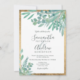 Invitación Boda de oro de color de agua floral Eucalyptus de 