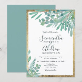 Invitación Boda de oro de color de agua floral Eucalyptus de