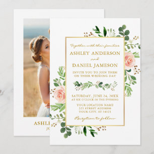 Invitación Boda de oro de color de agua verde rosas rosadas