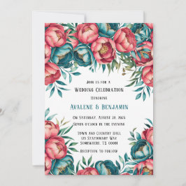 Invitación Boda de oro de Coral y Peonies Verde azulados