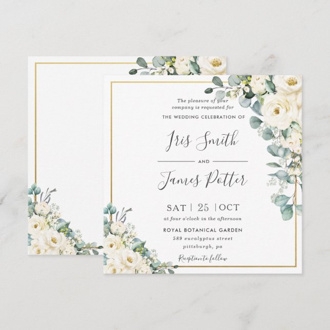 Invitación Boda de oro de Eucalipto Rústico Floral Blanca de  (Anverso / Reverso)