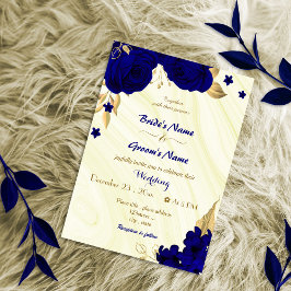 Invitación boda de oro de flores azules reales