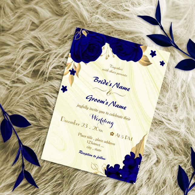 Invitación boda de oro de flores azules reales (Subido por el creador)