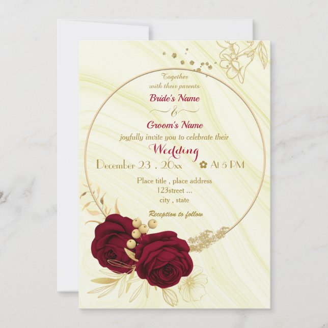 Invitación boda de oro de flores burdeos (Anverso)
