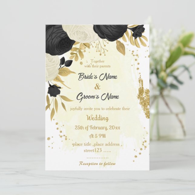Invitación boda de oro de flores negras y blancas (Anverso de pie)