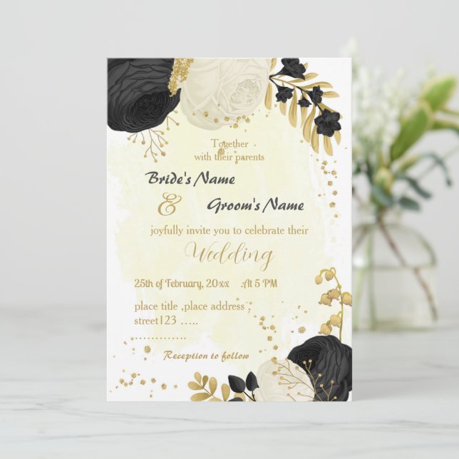 Invitación boda de oro de flores negras y blancas (Anverso de pie)
