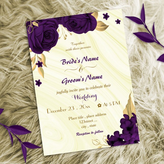 Invitación boda de oro de flores púrpura reales (Subido por el creador)