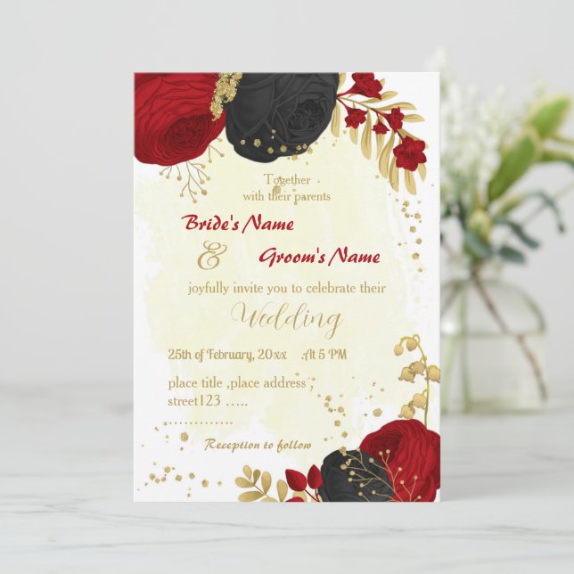 Invitación boda de oro de flores rojas y negras (Anverso de pie)