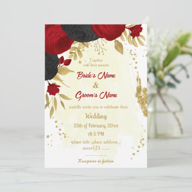 Invitación boda de oro de flores rojas y negras (Anverso de pie)