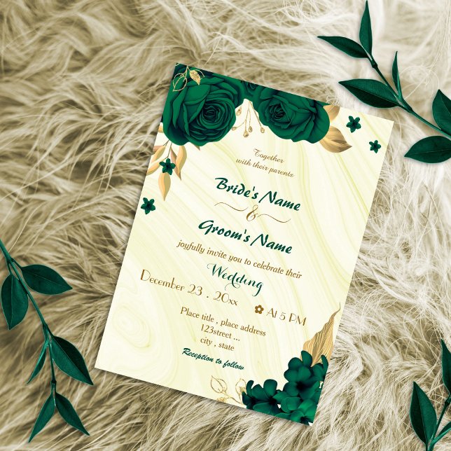 Invitación boda de oro de flores verdes esmeraldas (Subido por el creador)