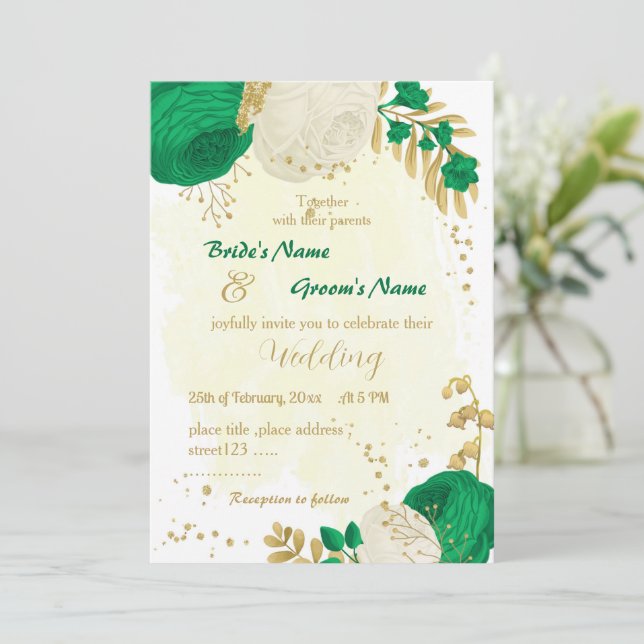 Invitación boda de oro de flores verdes y blancas (Anverso de pie)