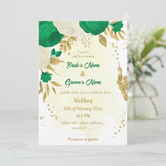 Invitación boda de oro de flores verdes y blancas (Anverso de pie)