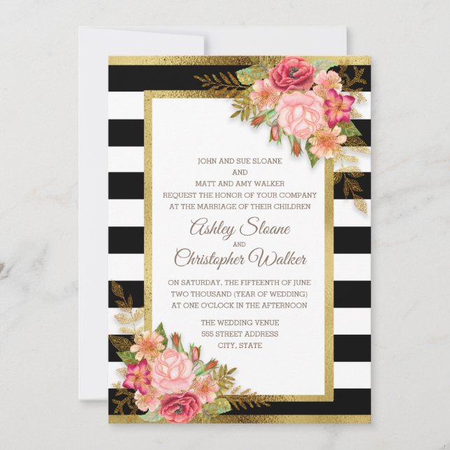 Invitación Boda de oro de franjas blancas rosadas florales ne (Anverso)