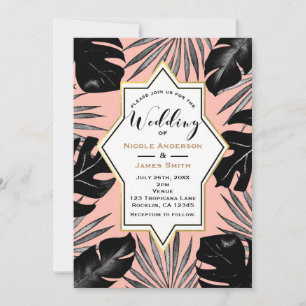 Invitación Boda de oro de hojas tropicales negras y pradera d