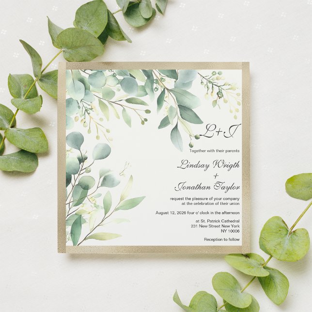 Invitación Boda de oro de la acuarela rústica eucalipto verde (Watercolor rustic eucalyptus greenery gold Wedding )