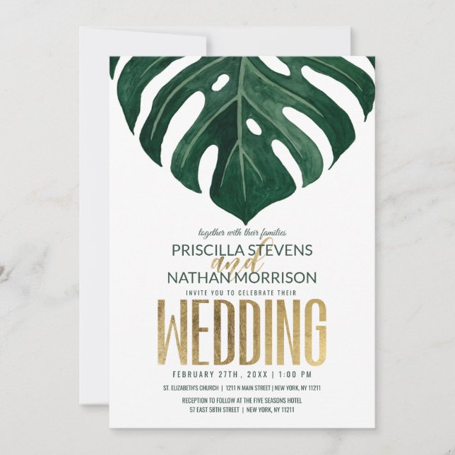 Invitación Boda de oro de la hoja de queso suiza tropical mod (Anverso)