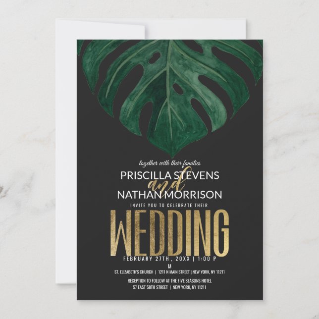 Invitación Boda de oro de la hoja de queso suiza tropical mod (Anverso)