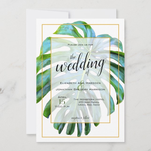Invitación Boda de oro de la hoja tropical de Monstera (Anverso)
