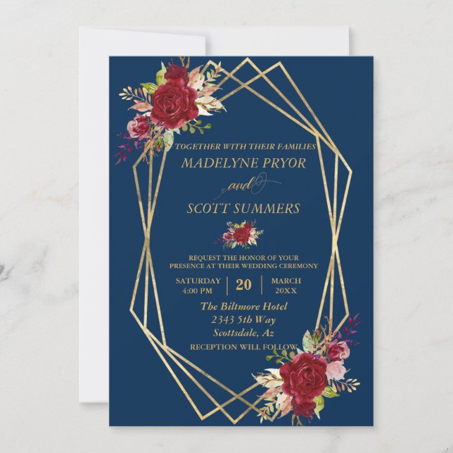 Invitación Boda de oro de la Marina Borgoña Rubor Gold Frame (Anverso)