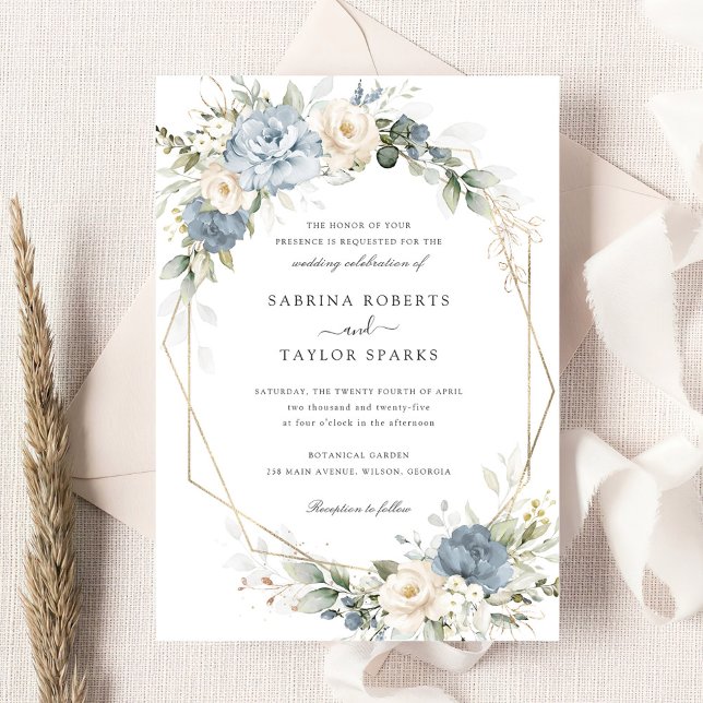 Invitación Boda de oro de la vegetación blanca azul y turbia  (Subido por el creador)