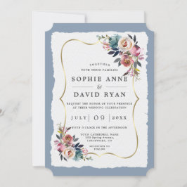 Invitación Boda de oro de las flores azules rosadas polvorien