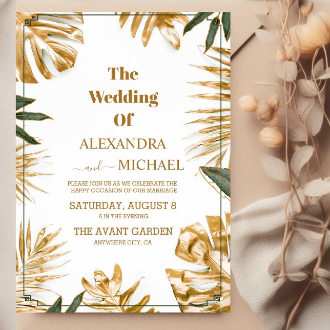 Invitación Boda de oro de las hojas tropicales modernas (Subido por el creador)