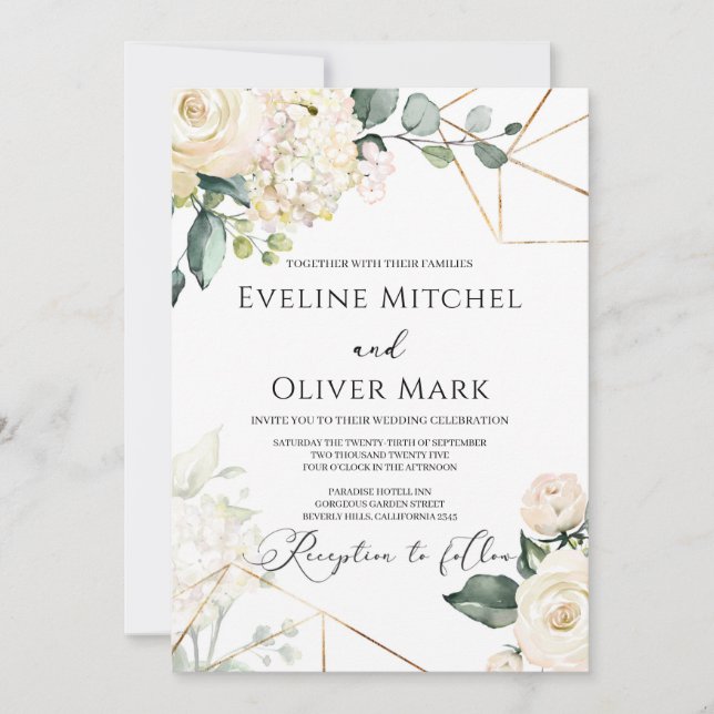Invitación Boda de oro de las rosas blancas boho verde eucali (Anverso)