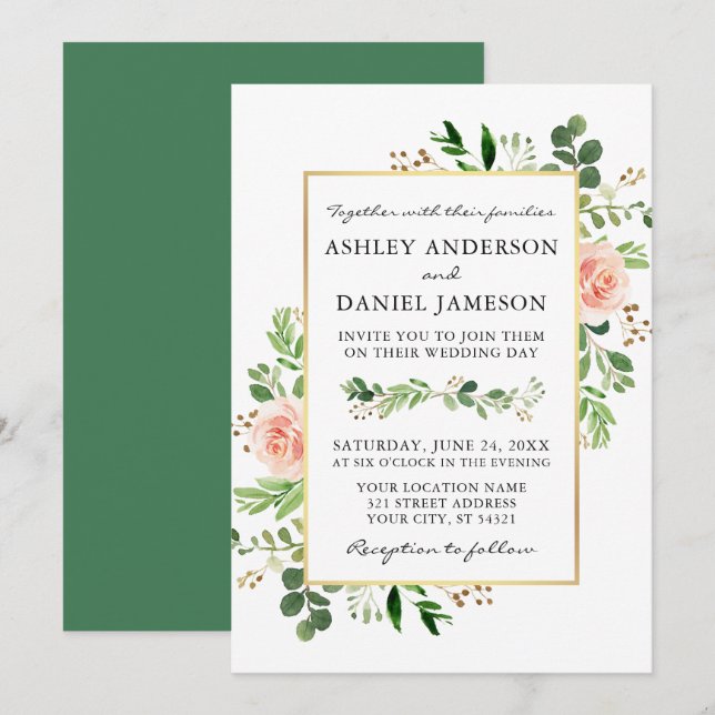 Invitación Boda de oro de las rosas rosadas de la vegetación  (Anverso / Reverso)