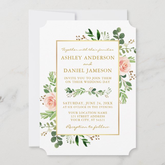 Invitación Boda de oro de las rosas rosadas de la vegetación  (Anverso)