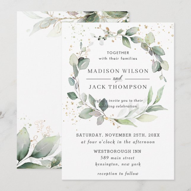 Invitación Boda de oro de Leafy Wreath, follaje rústico (Anverso / Reverso)