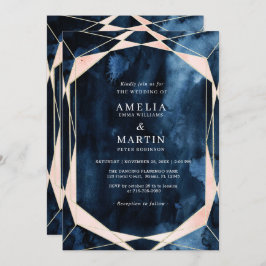 Invitación Boda de oro de mármol azul de la Marina de color a