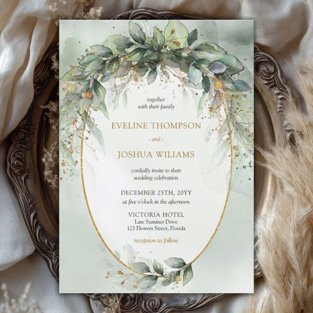 Invitación Boda de oro de moda boho eucalyptus (Modern watercolor eucalyptus wreath gold frame wedding invitation digital)