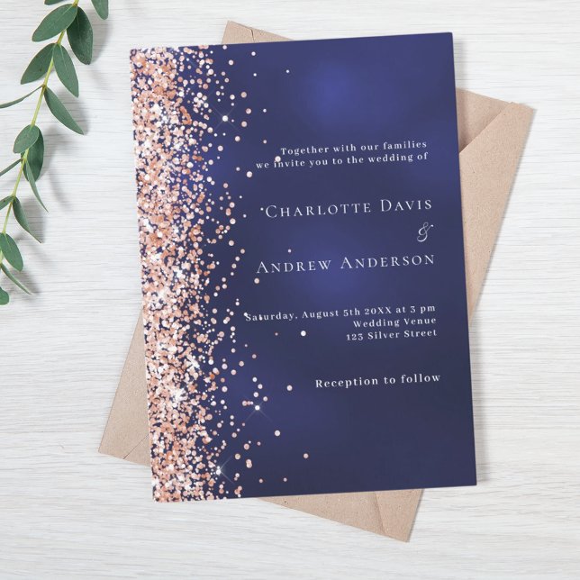 Invitación Boda de oro de rosa azul de la marina (Subido por el creador)