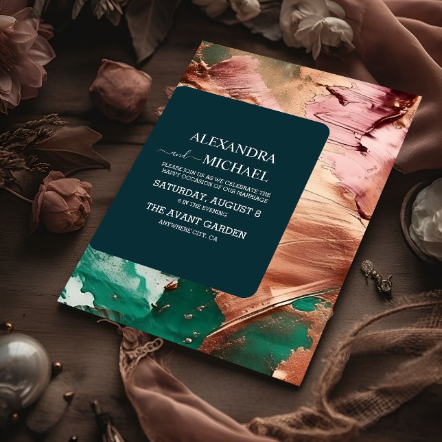 Invitación Boda de oro de rosa verde esmeralda abstracto (Subido por el creador)