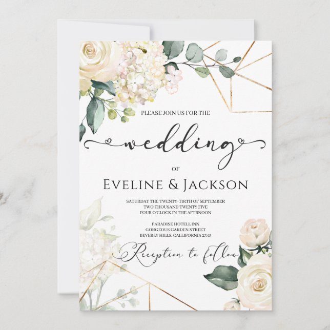 Invitación Boda de oro de rosas blancas hidrangeas verde (Anverso)