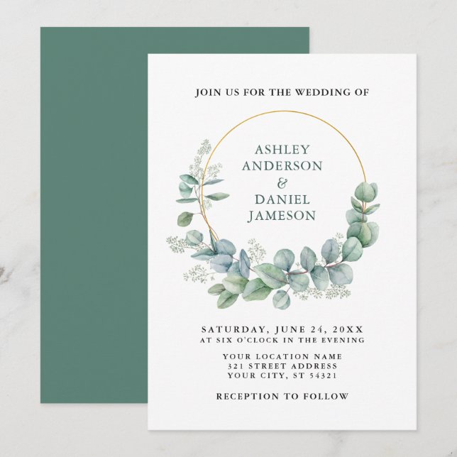 Invitación Boda de oro del eucalipto verde acuarela (Anverso / Reverso)