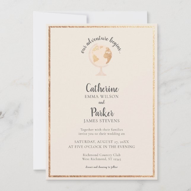 Invitación Boda de oro del mapa del mundo de la aventura (Anverso)