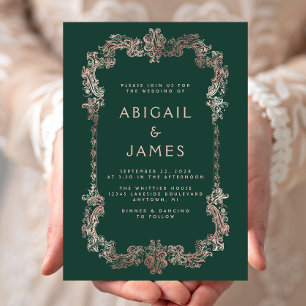 Invitación Boda de oro del marco vintage del Rosa verde esmer