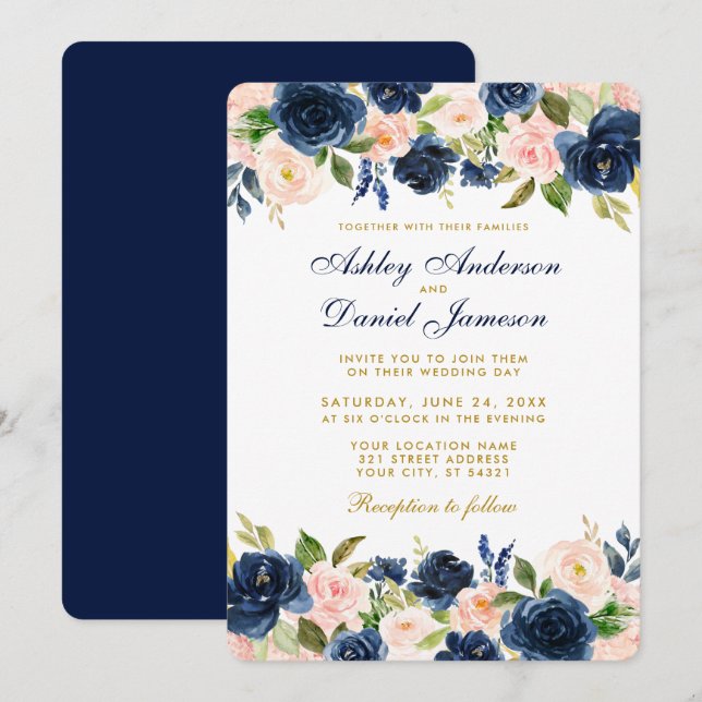 Invitación Boda de oro elegante azul floral rosa Rubor azul R (Anverso / Reverso)