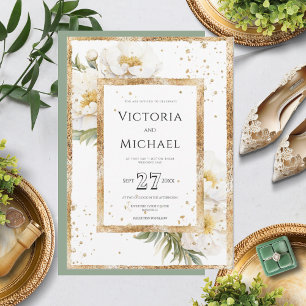 Invitación Boda de oro elegante con flores blancas