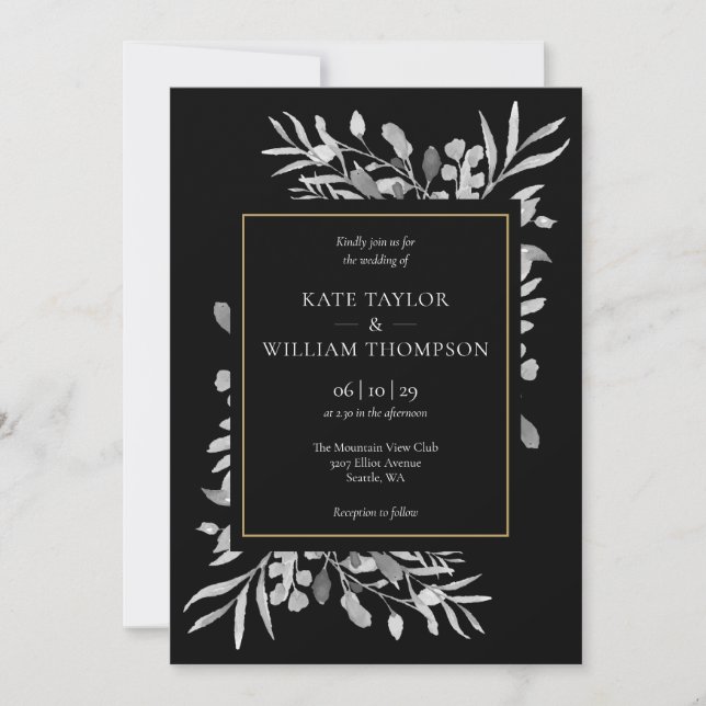 Invitación Boda de oro elegante del follaje blanco negro (Anverso)